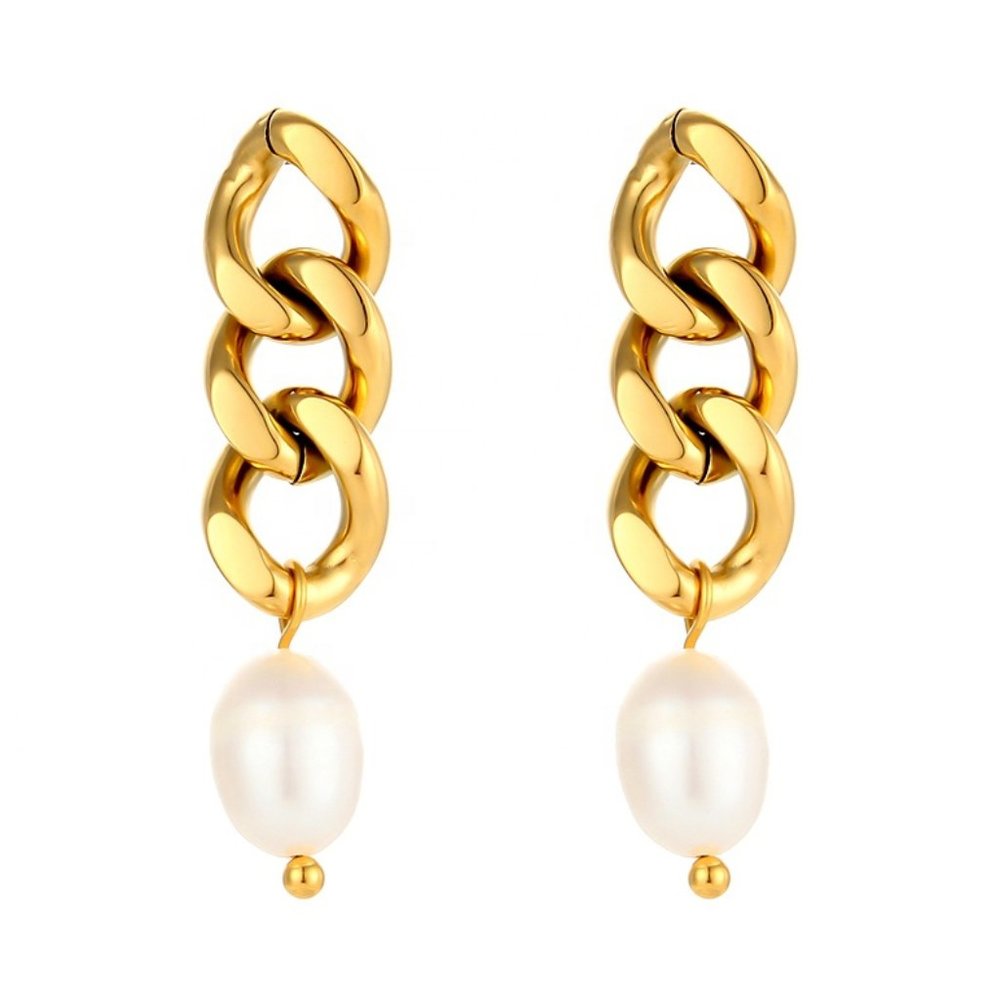 Fresh Water Pearl Gold Chain Drop Earrings‎ 18K Gold Plated Stainless Steel